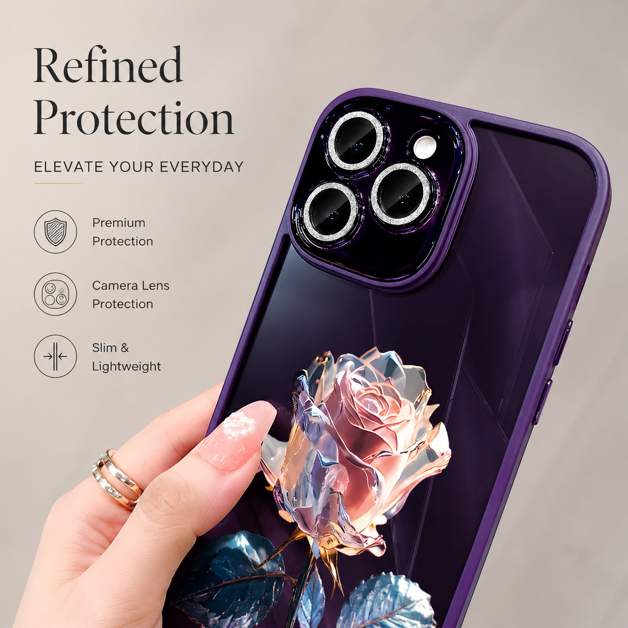 Premium iPhone Case MagSafe Compatible Crystal Rose Diamond Cover Shockproof Slim Protection