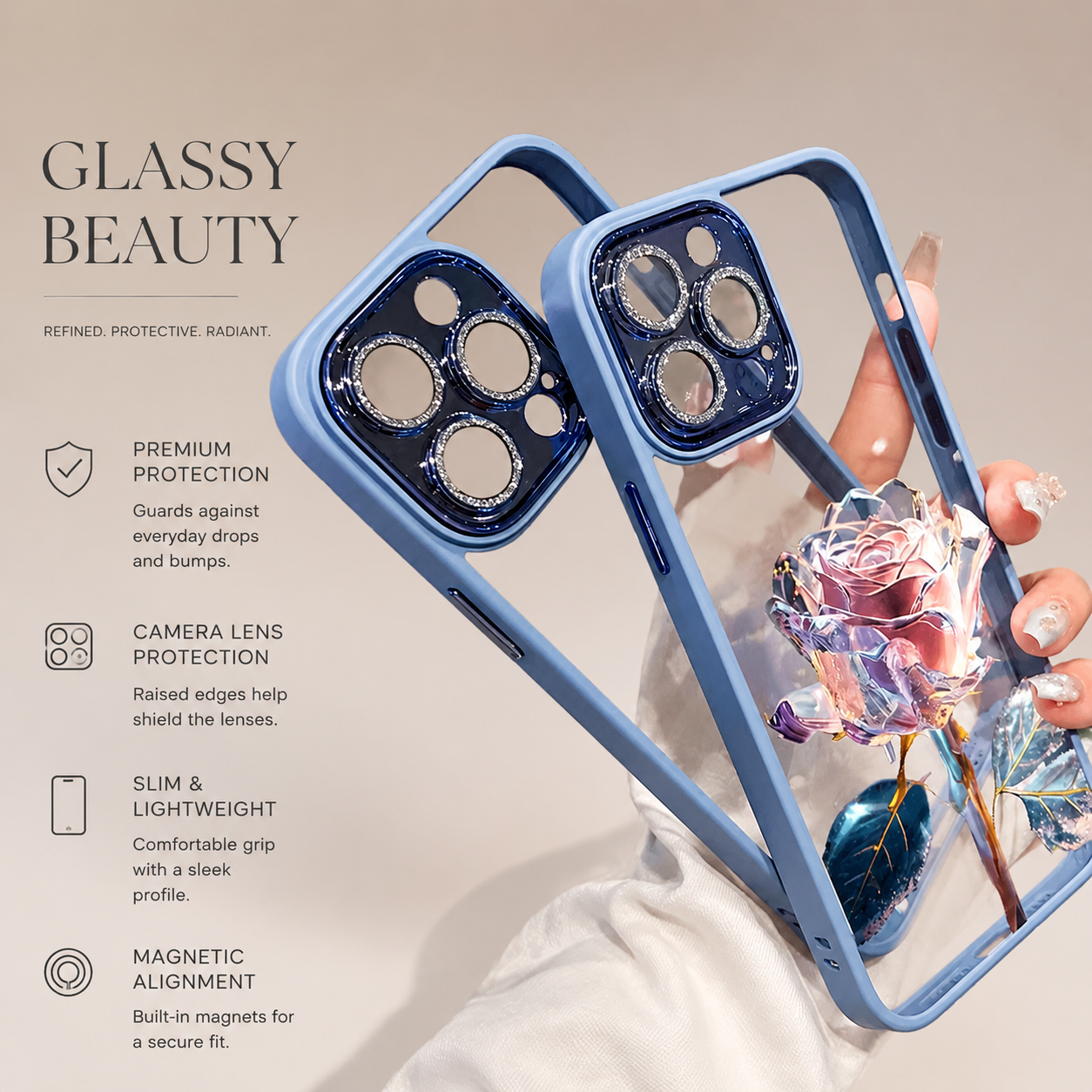 Premium iPhone Case MagSafe Compatible Crystal Rose Diamond Cover Shockproof Slim Protection