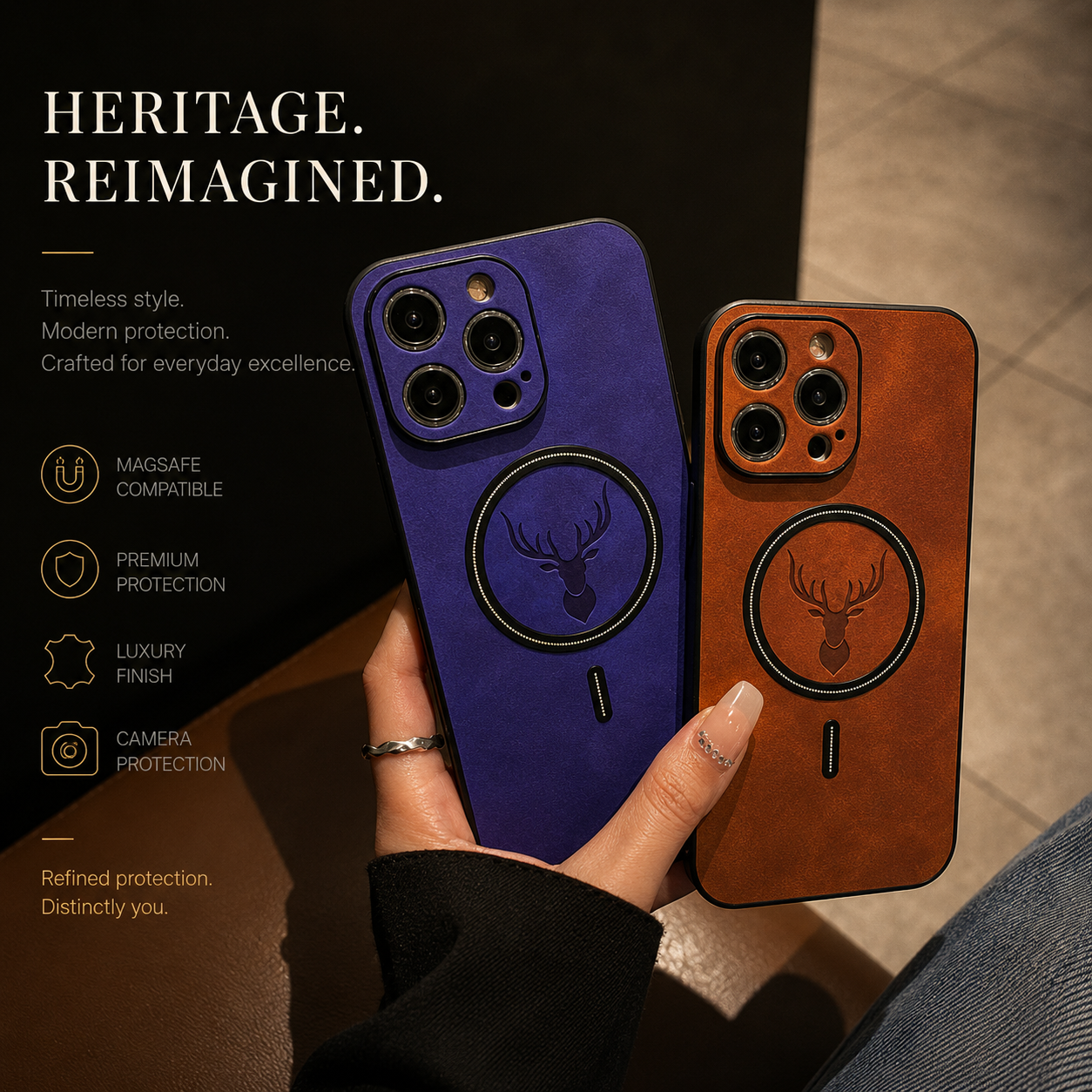 Premium iPhone Case MagSafe Compatible Genuine Deer Leather Cover Shockproof Slim Protection