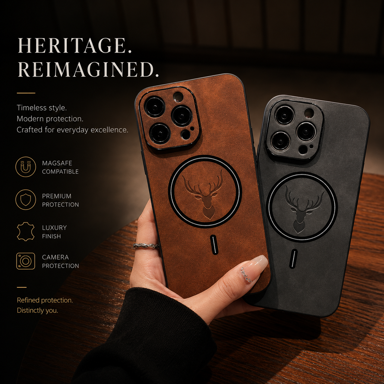 Premium iPhone Case MagSafe Compatible Genuine Deer Leather Cover Shockproof Slim Protection
