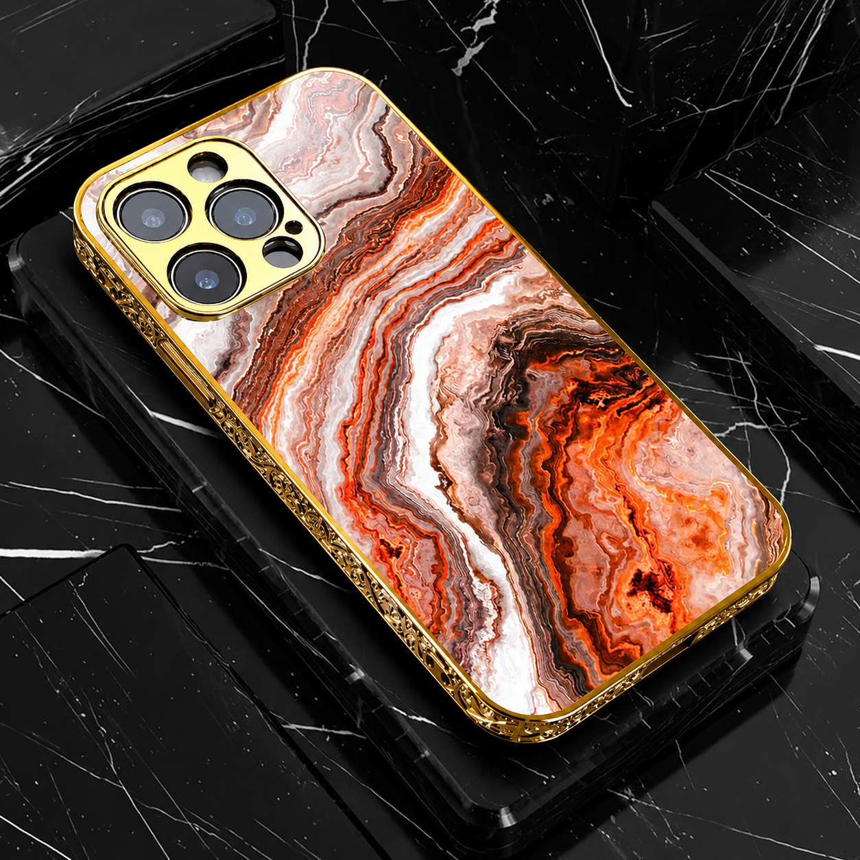 Premium iPhone Case MagSafe Compatible Marble Texture Cover Gold Frame Shockproof Protection