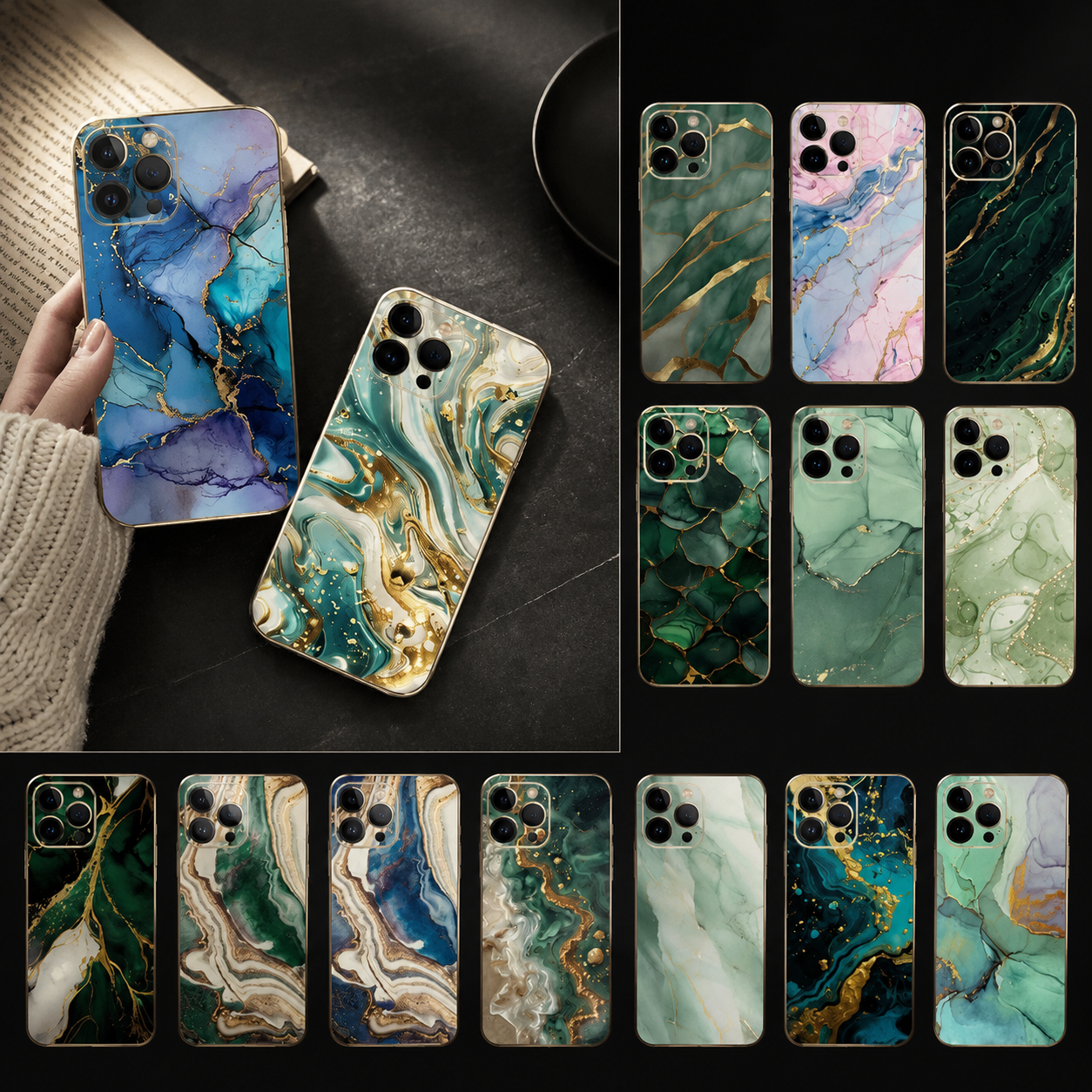 Premium iPhone Case MagSafe Compatible Marble Texture Cover Gold Frame Shockproof Protection