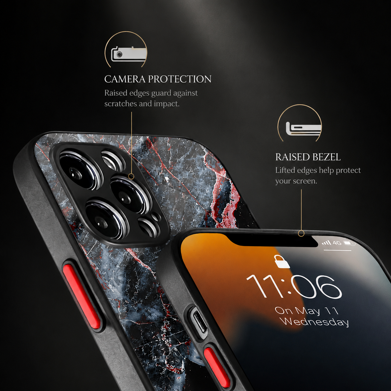 Premium iPhone Case MagSafe Compatible Marble Texture Cover Gold Frame Shockproof Protection