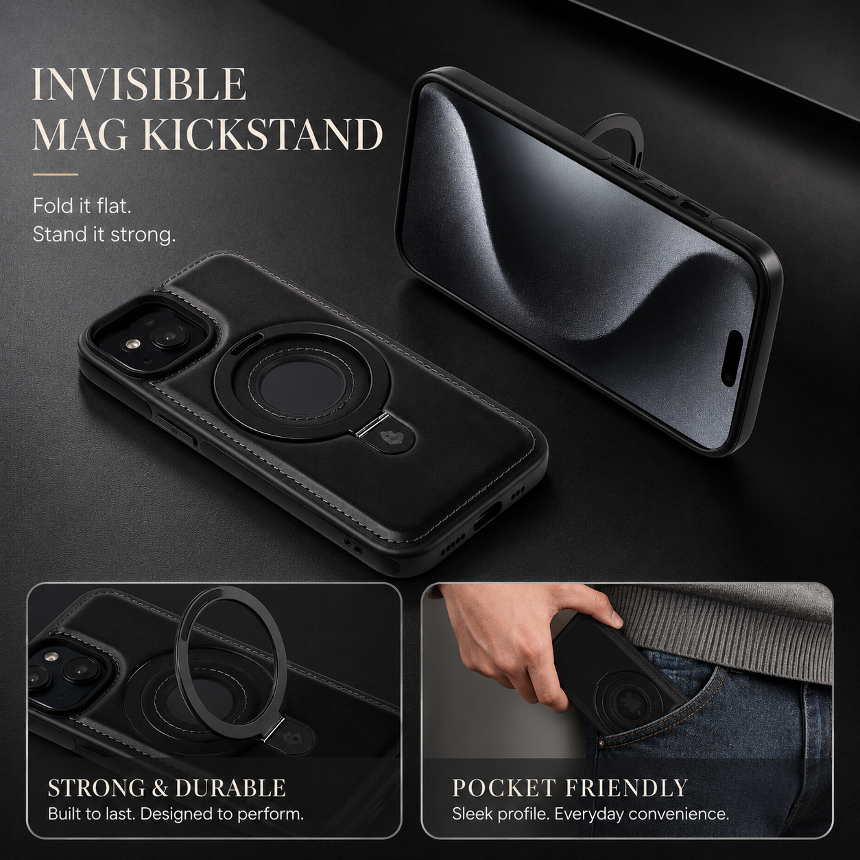 Premium iPhone Case MagSafe Compatible PU Leather Ring Stand Cover Shockproof Slim Protection