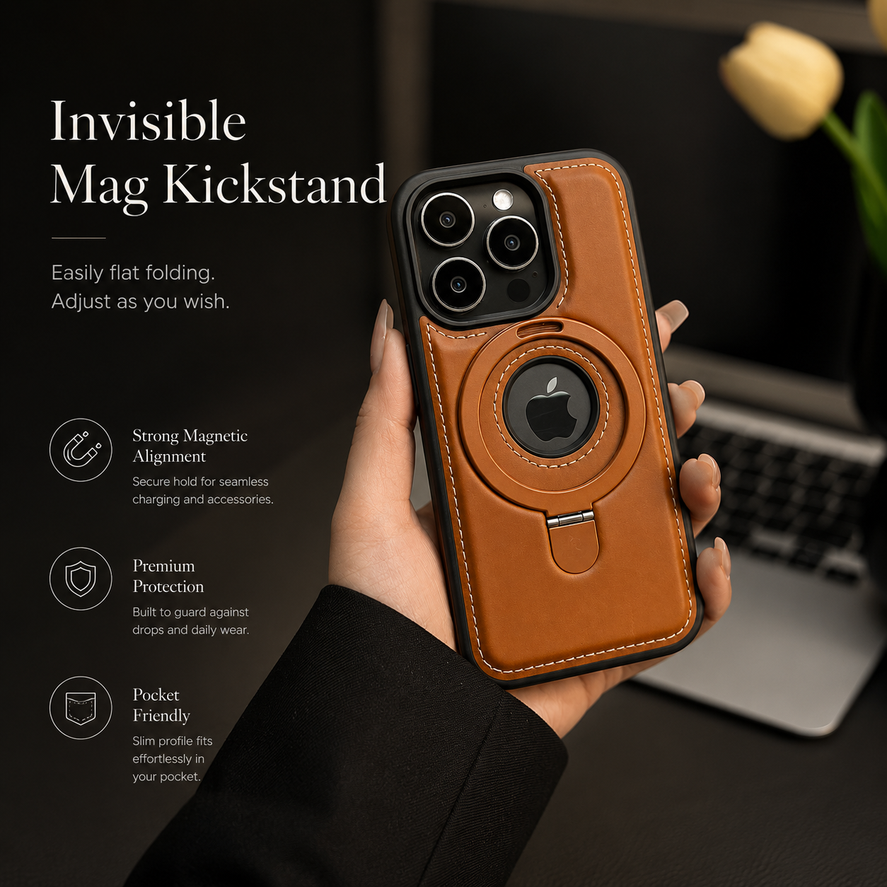 Premium iPhone Case MagSafe Compatible PU Leather Ring Stand Cover Shockproof Slim Protection