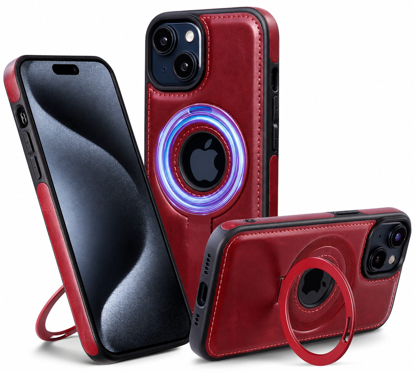 Premium iPhone Case MagSafe Compatible PU Leather Ring Stand Cover Shockproof Slim Protection