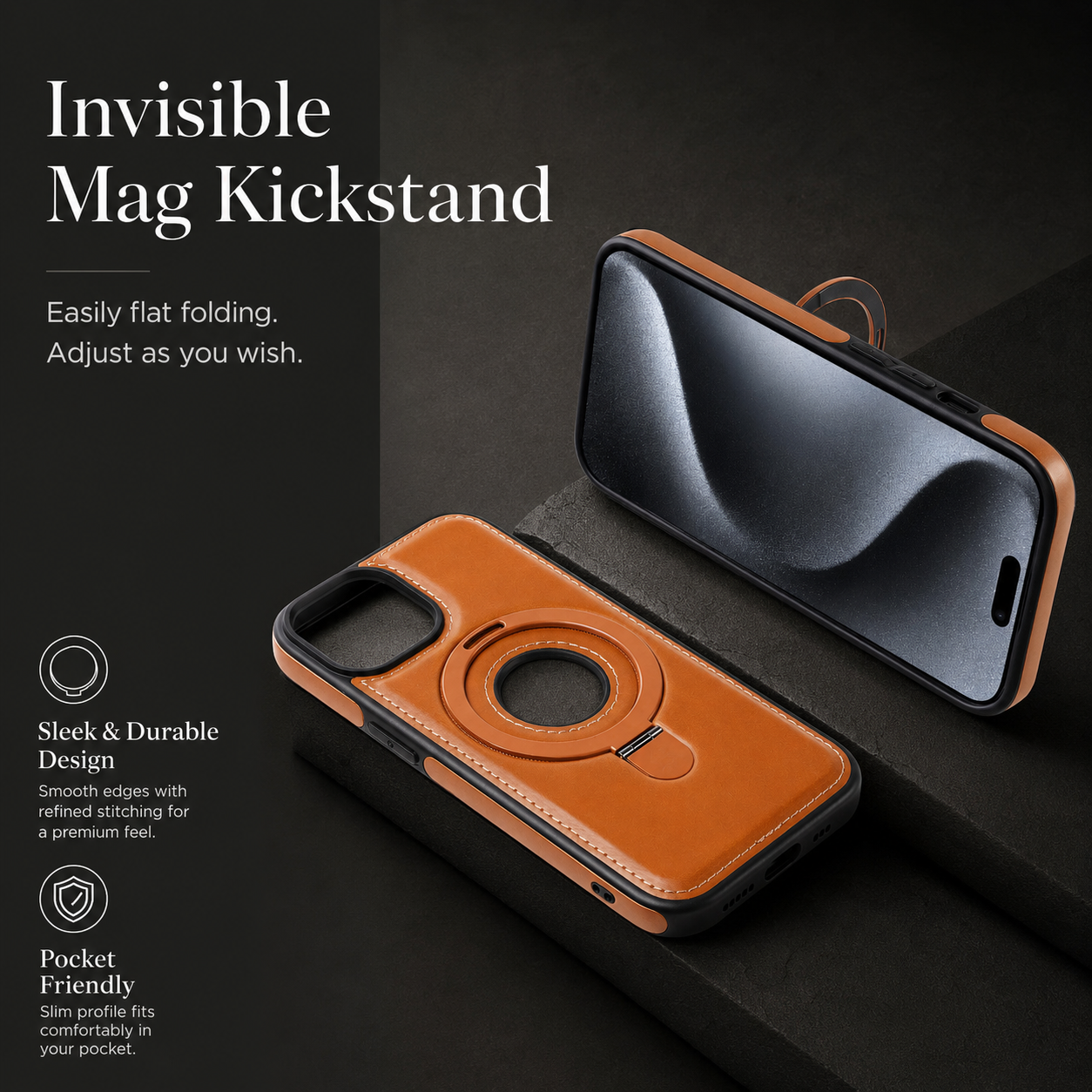 Premium iPhone Case MagSafe Compatible PU Leather Ring Stand Cover Shockproof Slim Protection