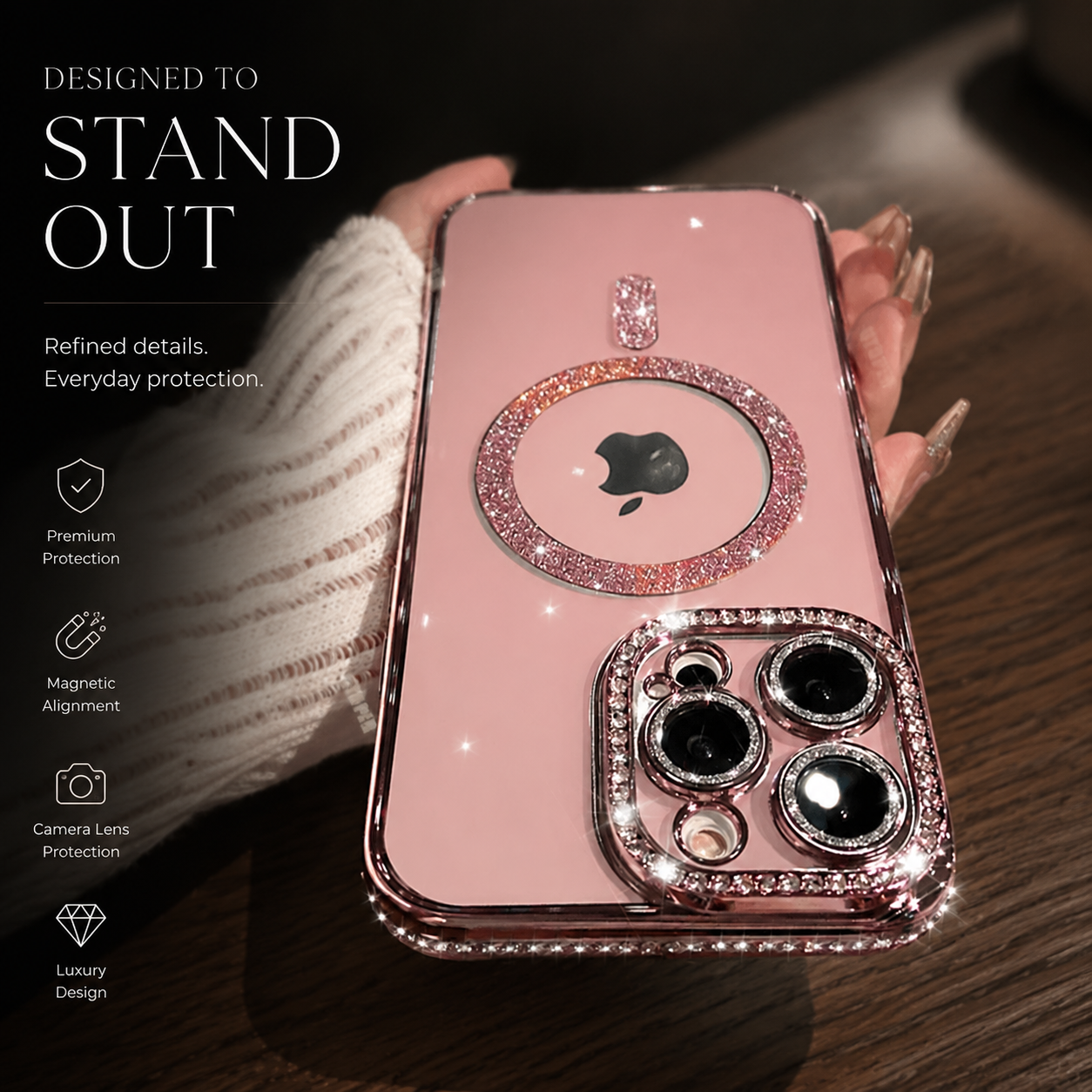 Premium iPhone Case MagSafe Compatible Pink Glitter Clear Cover Shockproof Slim Protection