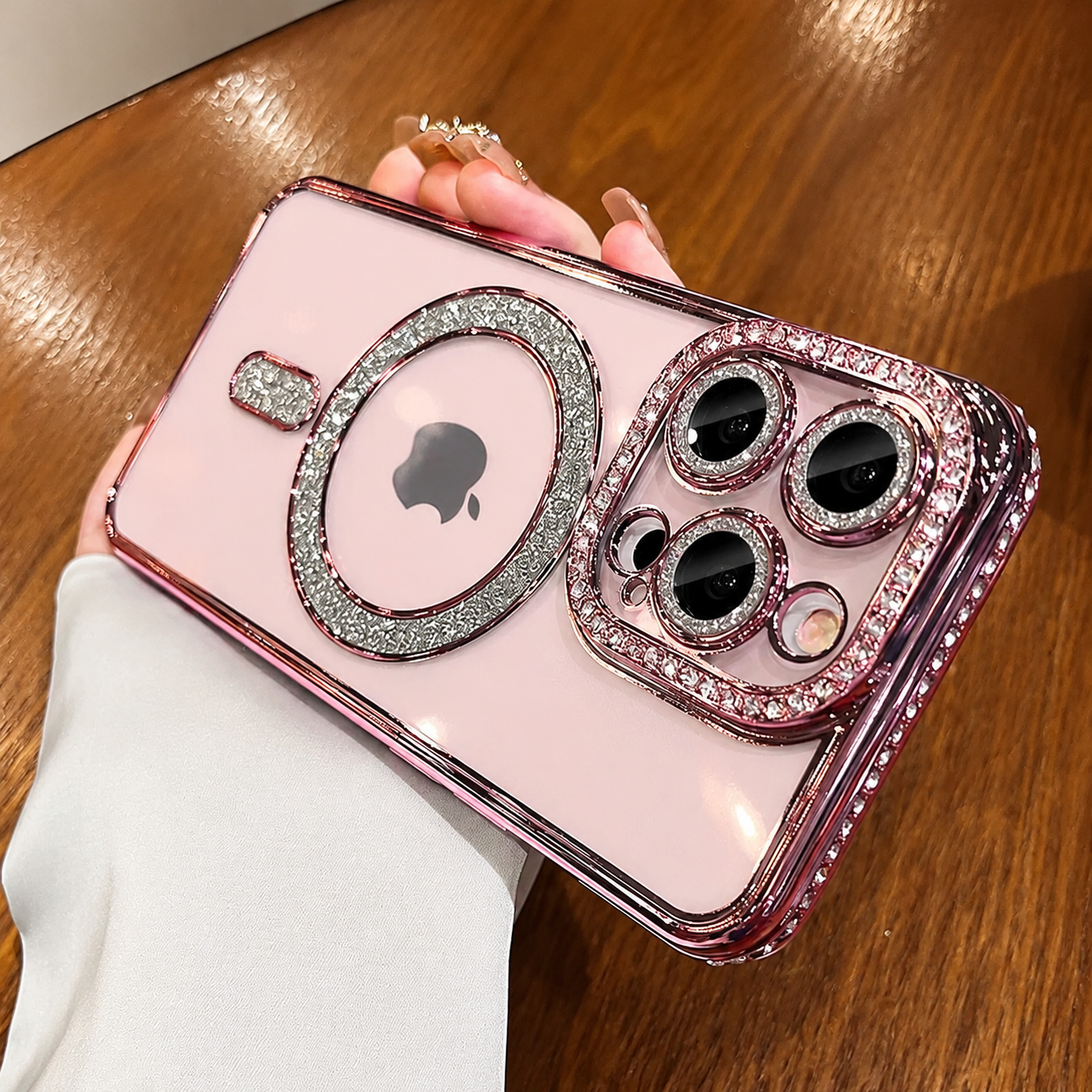 Premium iPhone Case MagSafe Compatible Pink Glitter Clear Cover Shockproof Slim Protection