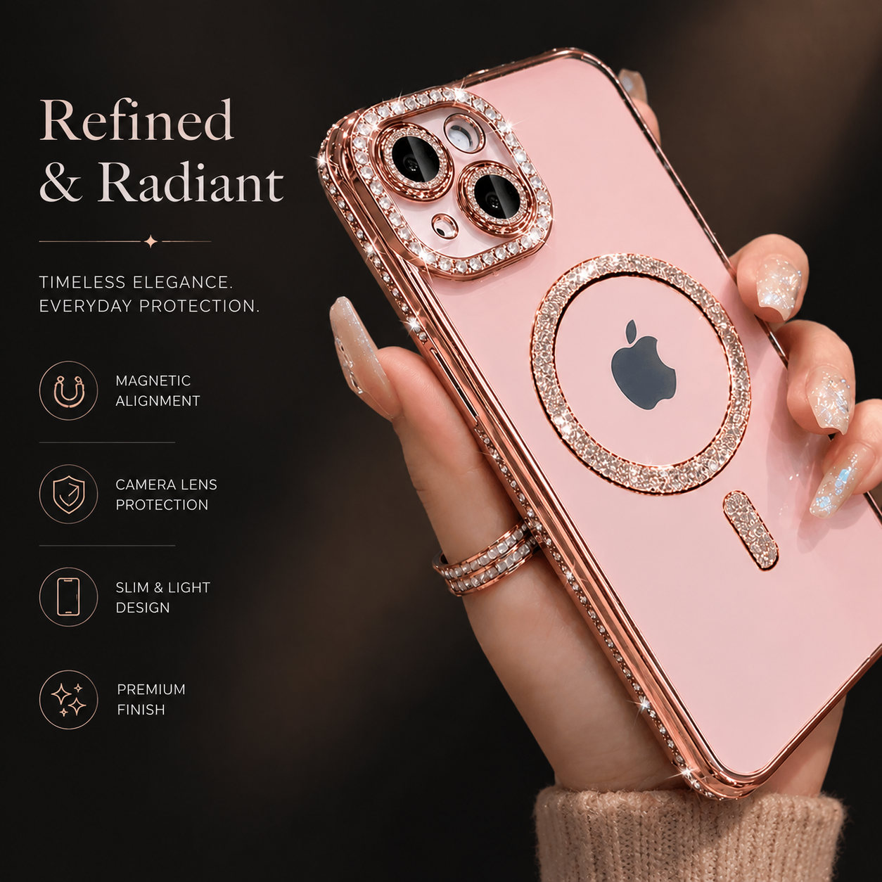 Premium iPhone Case MagSafe Compatible Pink Glitter Clear Cover Shockproof Slim Protection