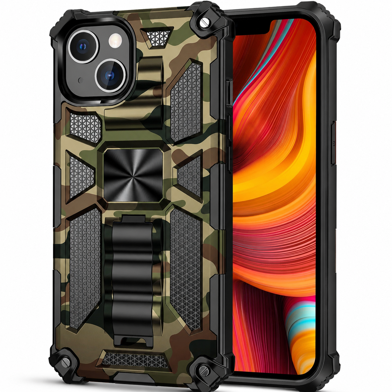 Premium iPhone Case MagSafe Compatible Rugged Armor Camouflage Cover Kickstand Protection