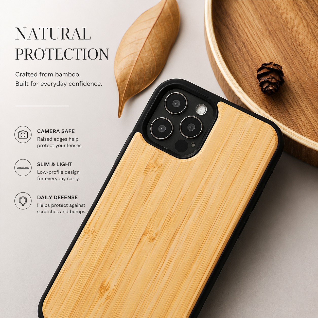 Premium iPhone Case MagSafe Compatible Solid Bamboo Wood Cover Shockproof Slim Natural Design