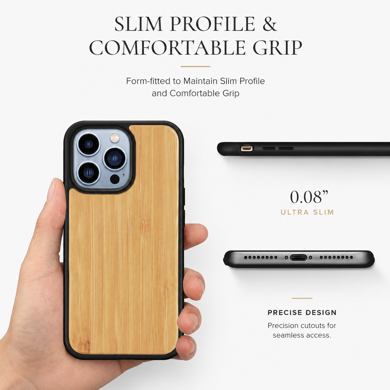 Premium iPhone Case MagSafe Compatible Solid Bamboo Wood Cover Shockproof Slim Natural Design