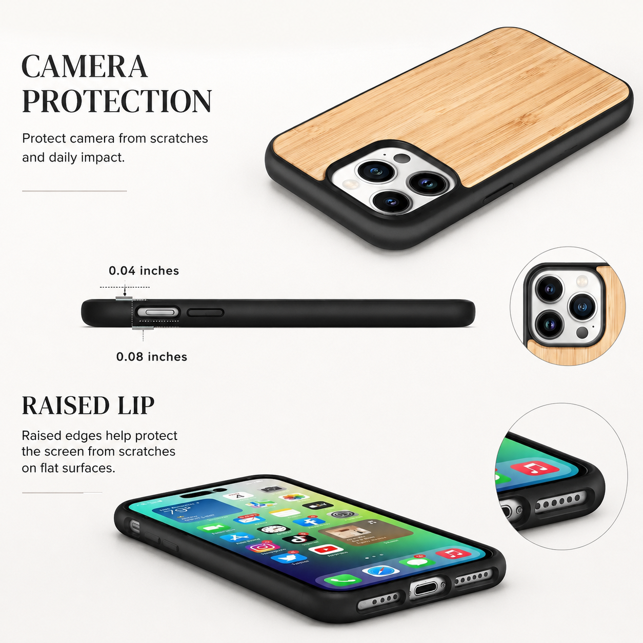 Premium iPhone Case MagSafe Compatible Solid Bamboo Wood Cover Shockproof Slim Natural Design