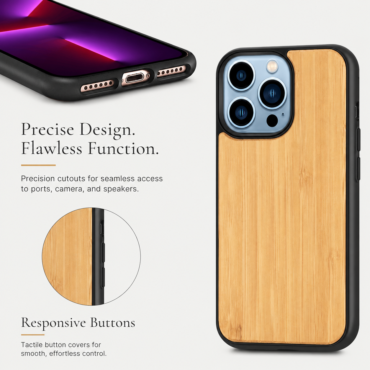 Premium iPhone Case MagSafe Compatible Solid Bamboo Wood Cover Shockproof Slim Natural Design