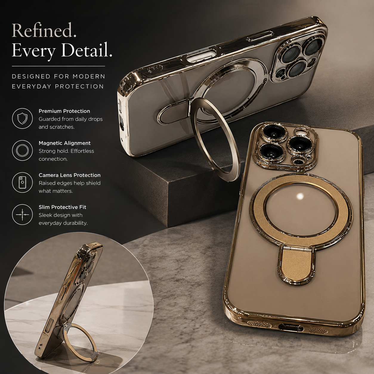 Premium iPhone Case MagSafe Compatible Transparent Acrylic Cover Built-in Stand Shockproof Slim Design