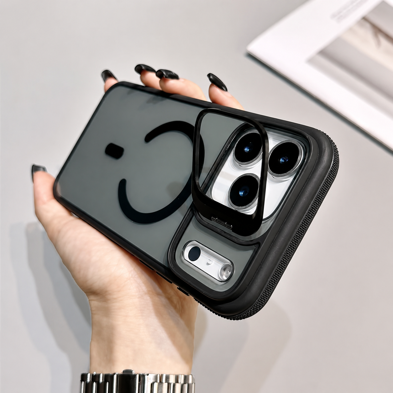 Premium iPhone Case MagSafe Compatible Transparent Matte Cover Built-in Kickstand Shockproof Camera Lens Protection