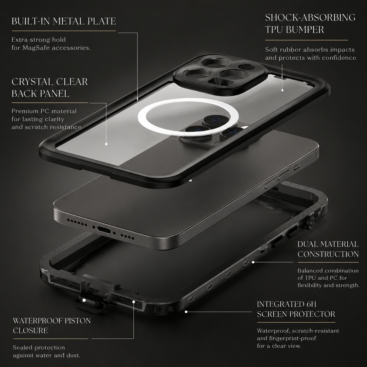 Premium iPhone Case MagSafe Compatible Waterproof IP68 Cover 360° Full Body Shockproof Protection