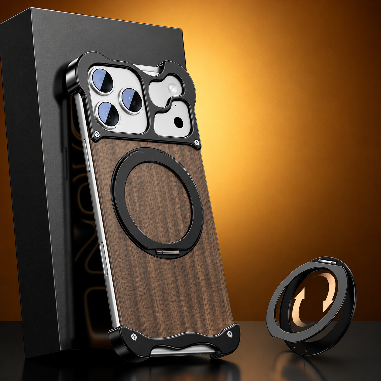 Premium iPhone Case MagSafe Compatible Wood Back Cover Aluminum Frame 360° Rotating Ring Stand Shockproof Protection