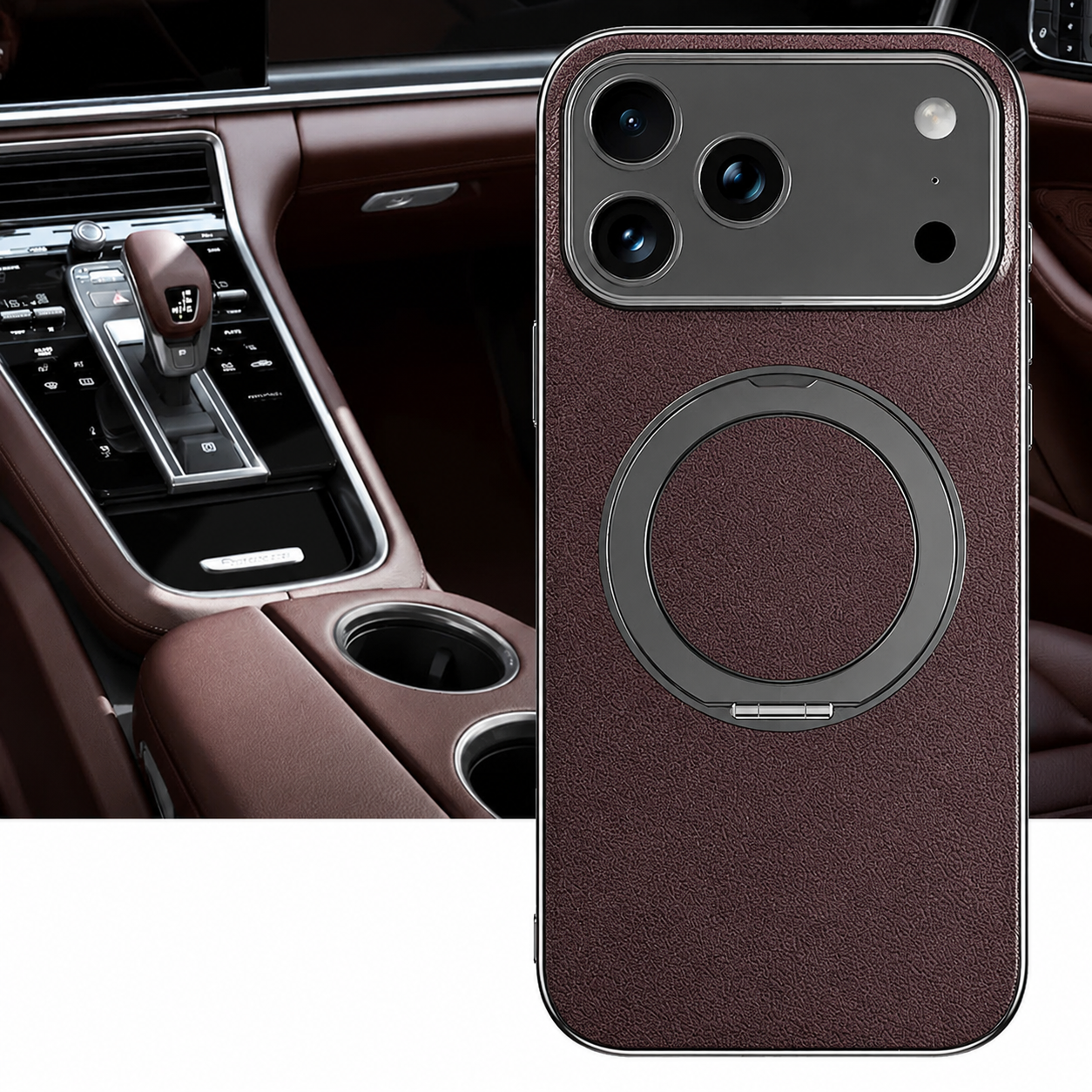Premium iPhone Case Magnetic Leather Protective Cover Rotating Ring Holder Shockproof Full Lens Protection Slim PC TPU Full Coverage