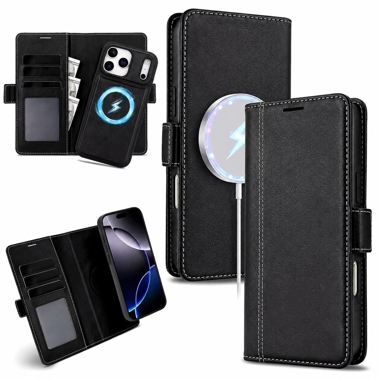 Premium iPhone Case Magnetic Leather Wallet Cover Flip Card Holder MagSafe Dual Layer Shockproof Matte Protection
