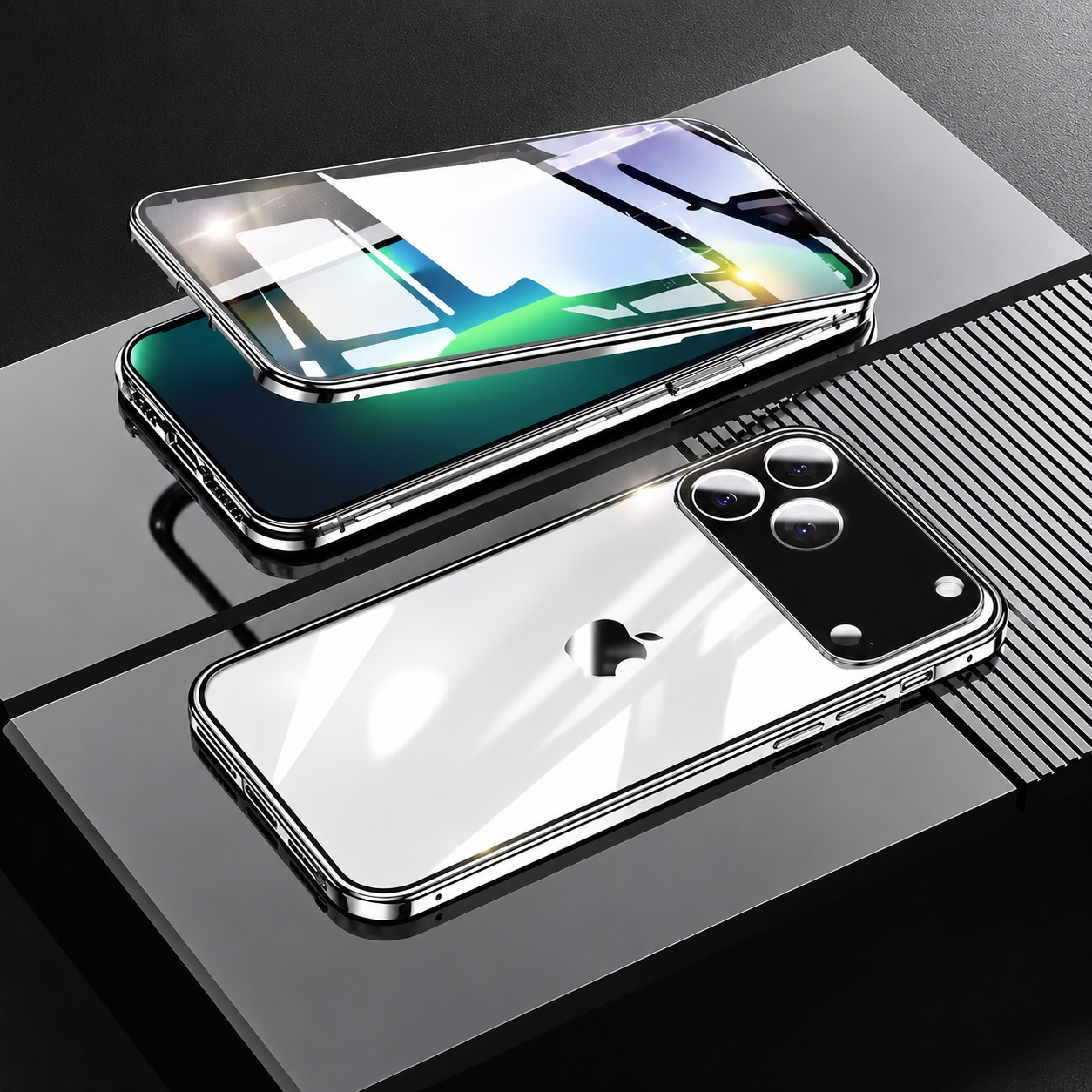Premium iPhone Case Metal Magnetic Double Sided Glass Cover Full Protection Snap Lock Bumper Protective Case