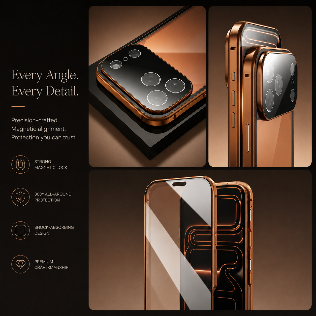 Premium iPhone Case Metal Magnetic Double Sided Glass Cover Full Protection Snap Lock Bumper Protective Case