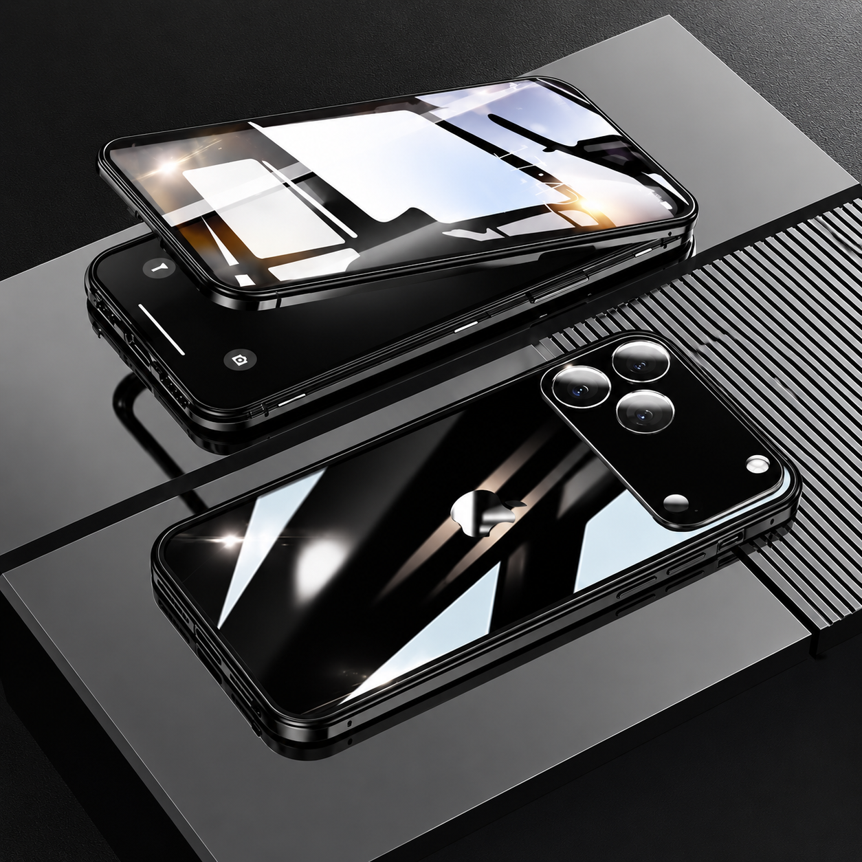 Premium iPhone Case Metal Magnetic Double Sided Glass Cover Full Protection Snap Lock Bumper Protective Case