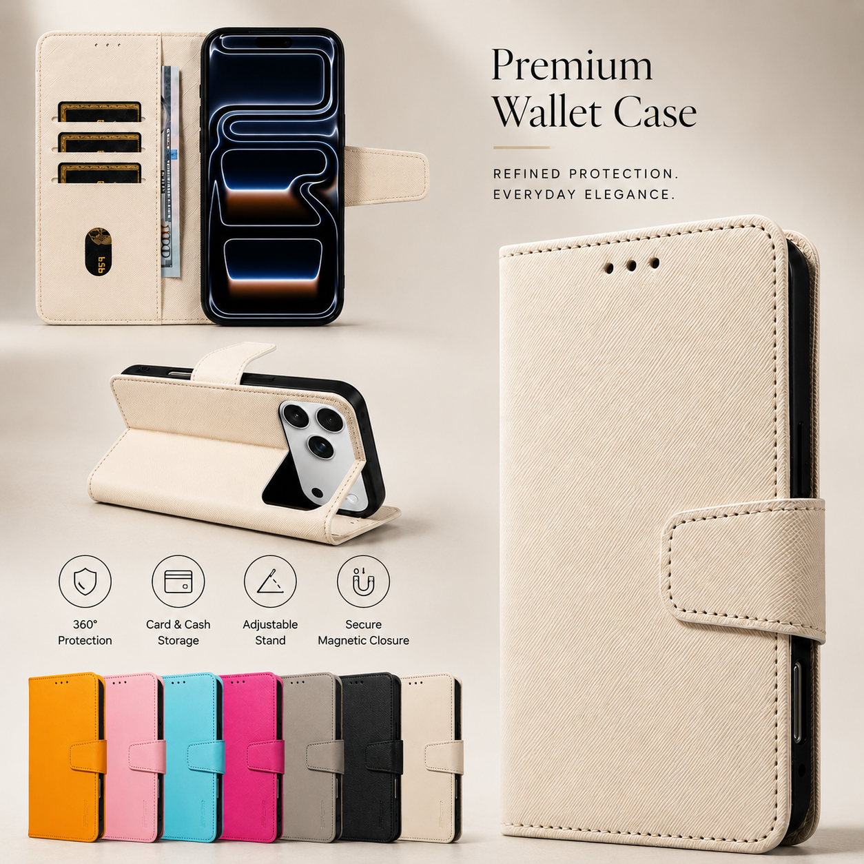 Premium iPhone Case PU Leather Magnetic Wallet Cover Shockproof Protective Fashion Full Coverage Case