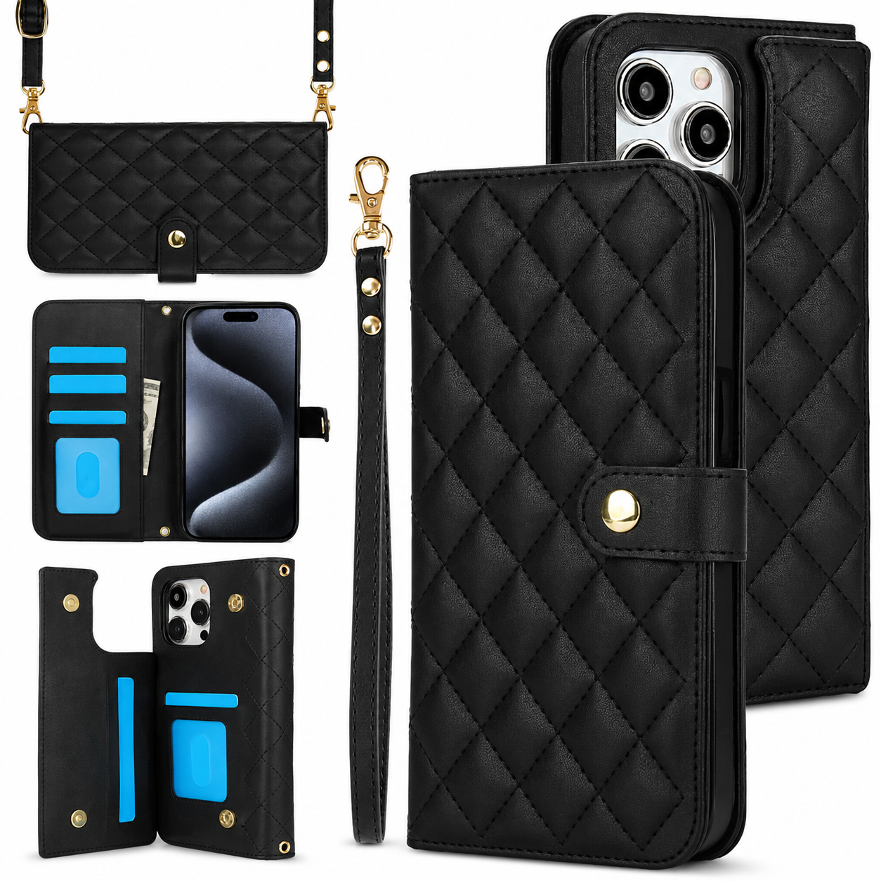 Premium iPhone Case RFID Blocking Wallet Crossbody Flip Cover PU Leather Card Holder Shockproof Full Protection
