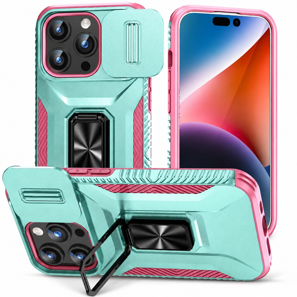 Premium iPhone Case Shockproof Protective Cover Sliding Camera Lens Guard Rotary Stand Anti Slip Full Protection