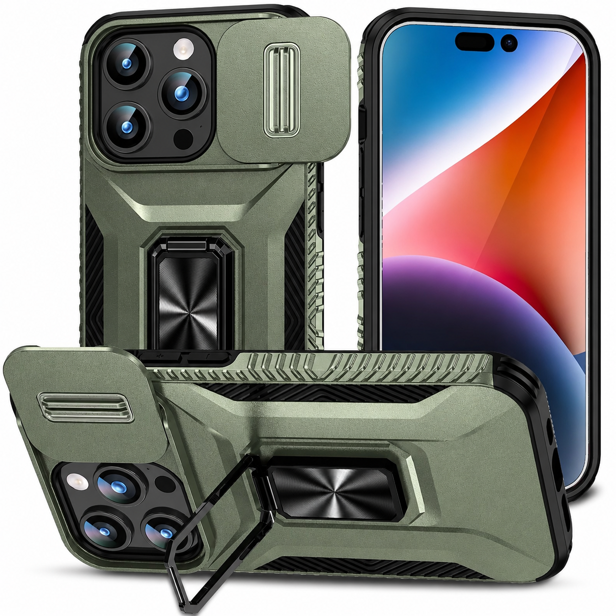 Premium iPhone Case Shockproof Protective Cover Sliding Camera Lens Guard Rotary Stand Anti Slip Full Protection