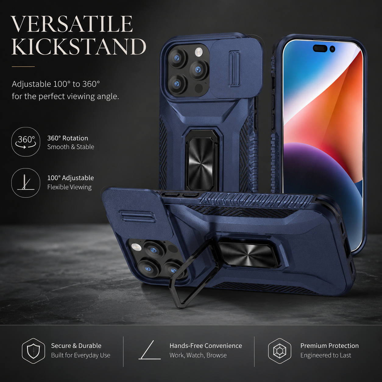 Premium iPhone Case Shockproof Protective Cover Sliding Camera Lens Guard Rotary Stand Anti Slip Full Protection
