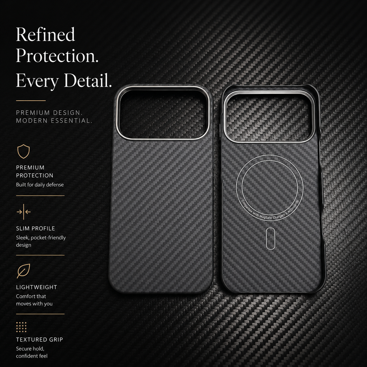 Premium iPhone Case Thin Aramid Fiber MagSafe Cover Ultra Lightweight Carbon Texture Half Wrapped Protective Case