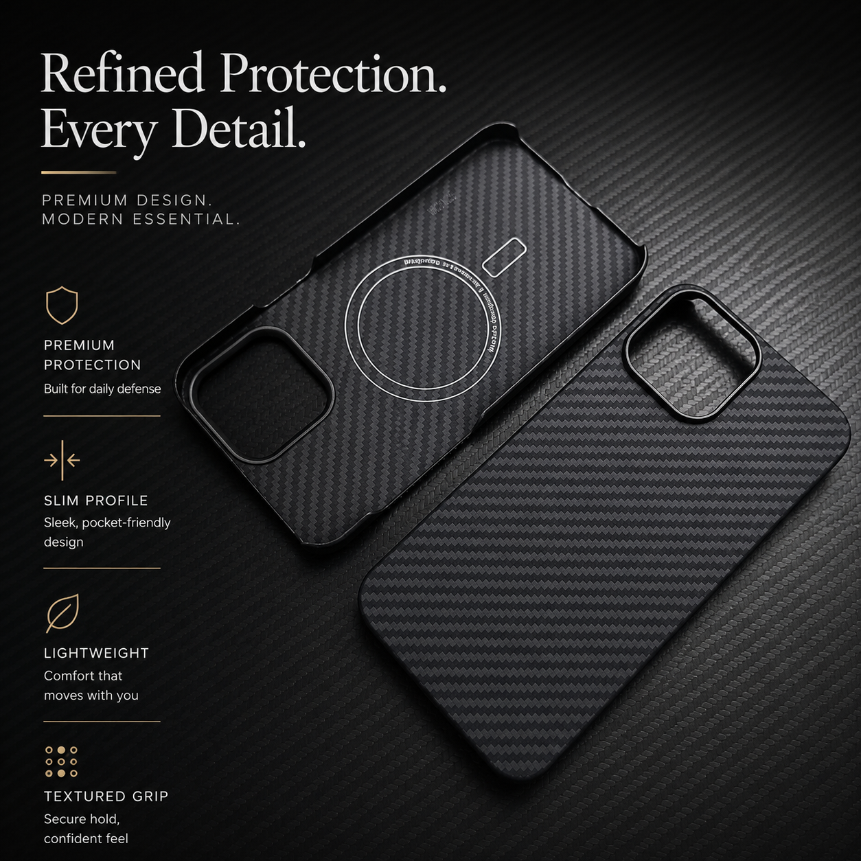 Premium iPhone Case Thin Aramid Fiber MagSafe Cover Ultra Lightweight Carbon Texture Half Wrapped Protective Case