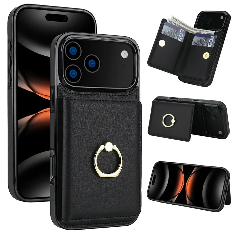 Premium iPhone Case Wallet Cover Card Holder 360 Rotating Ring Kickstand Magnetic Clasp Shockproof Full Coverage
