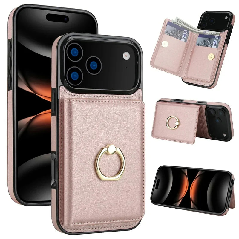 Premium iPhone Case Wallet Cover Card Holder 360 Rotating Ring Kickstand Magnetic Clasp Shockproof Full Coverage