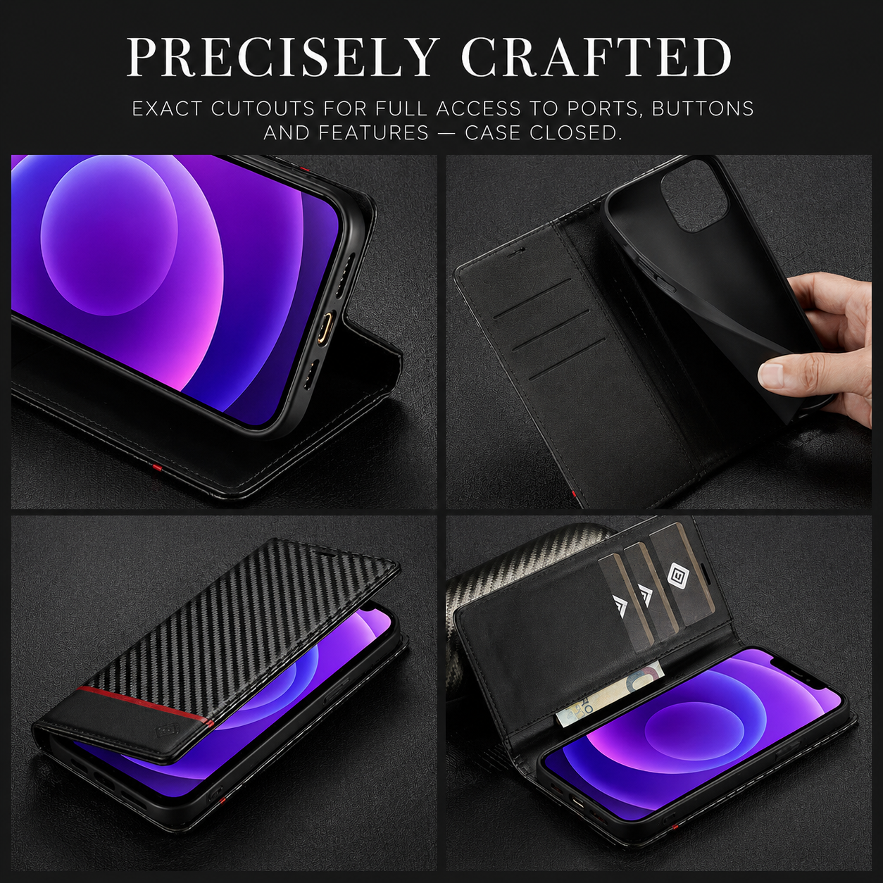 Premium iPhone Case Wallet MagSafe Compatible Carbon Fiber Leather Flip Cover Shockproof Card Holder Stand Function Camera Lens Protection Slim Design
