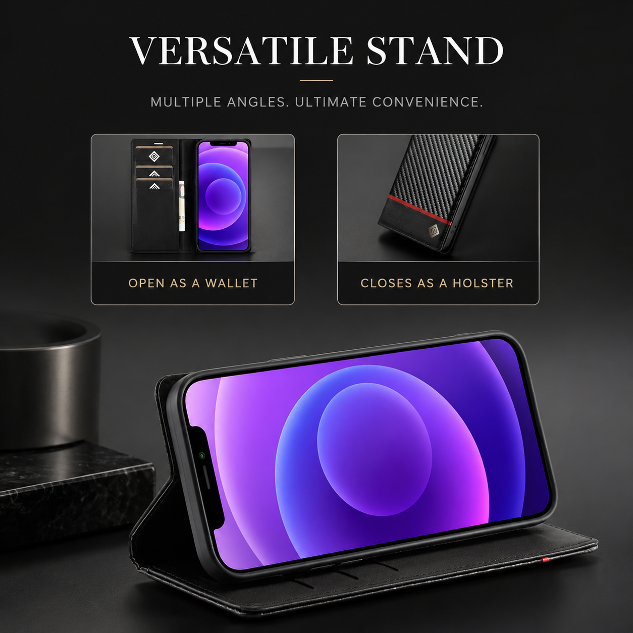 Premium iPhone Case Wallet MagSafe Compatible Carbon Fiber Leather Flip Cover Shockproof Card Holder Stand Function Camera Lens Protection Slim Design