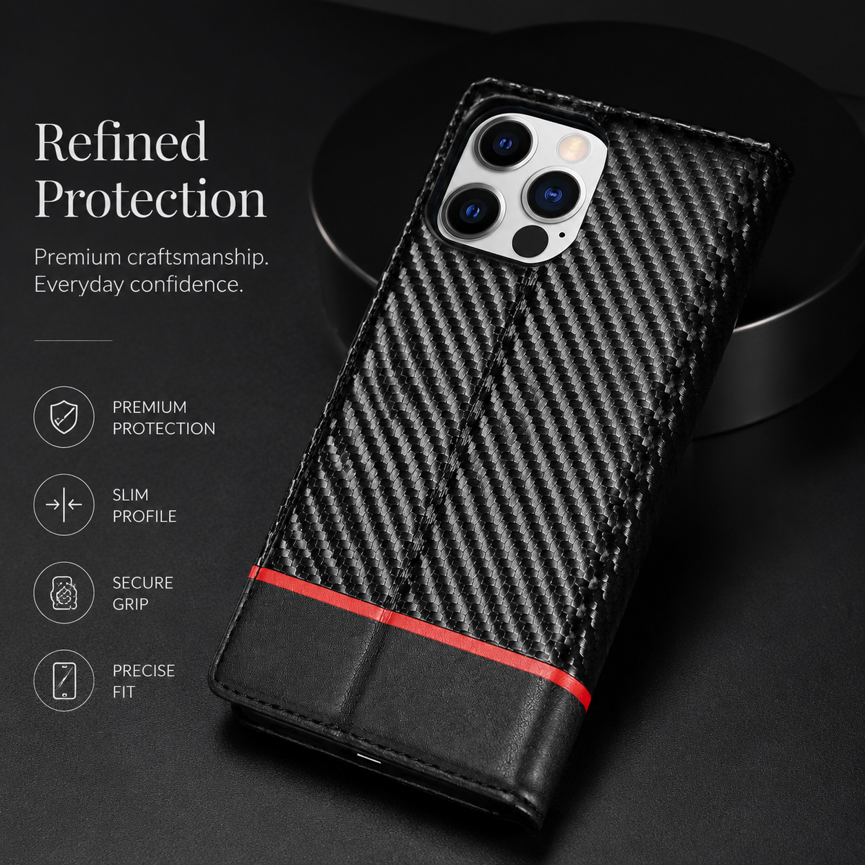 Premium iPhone Case Wallet MagSafe Compatible Carbon Fiber Leather Flip Cover Shockproof Card Holder Stand Function Camera Lens Protection Slim Design