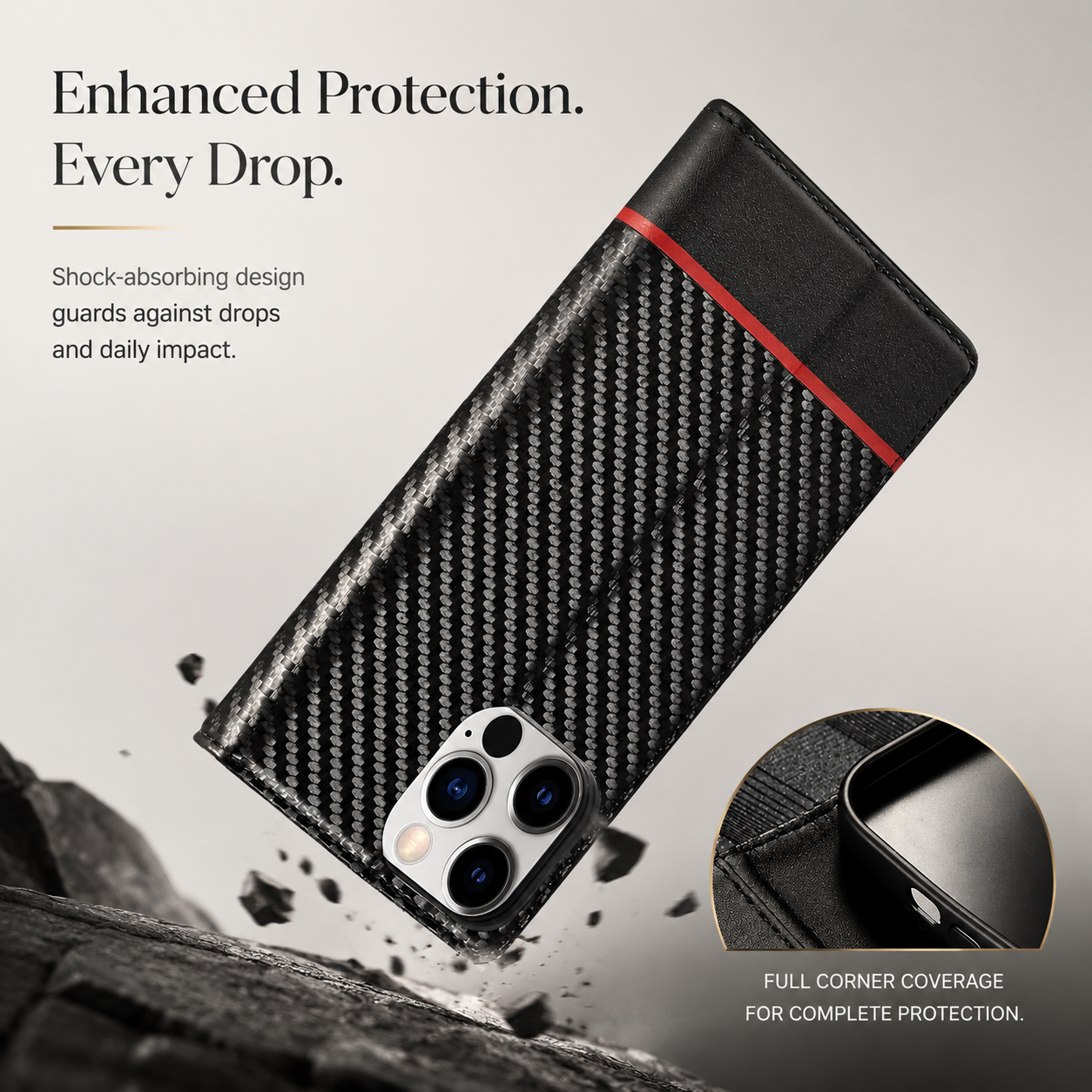 Premium iPhone Case Wallet MagSafe Compatible Carbon Fiber Leather Flip Cover Shockproof Card Holder Stand Function Camera Lens Protection Slim Design