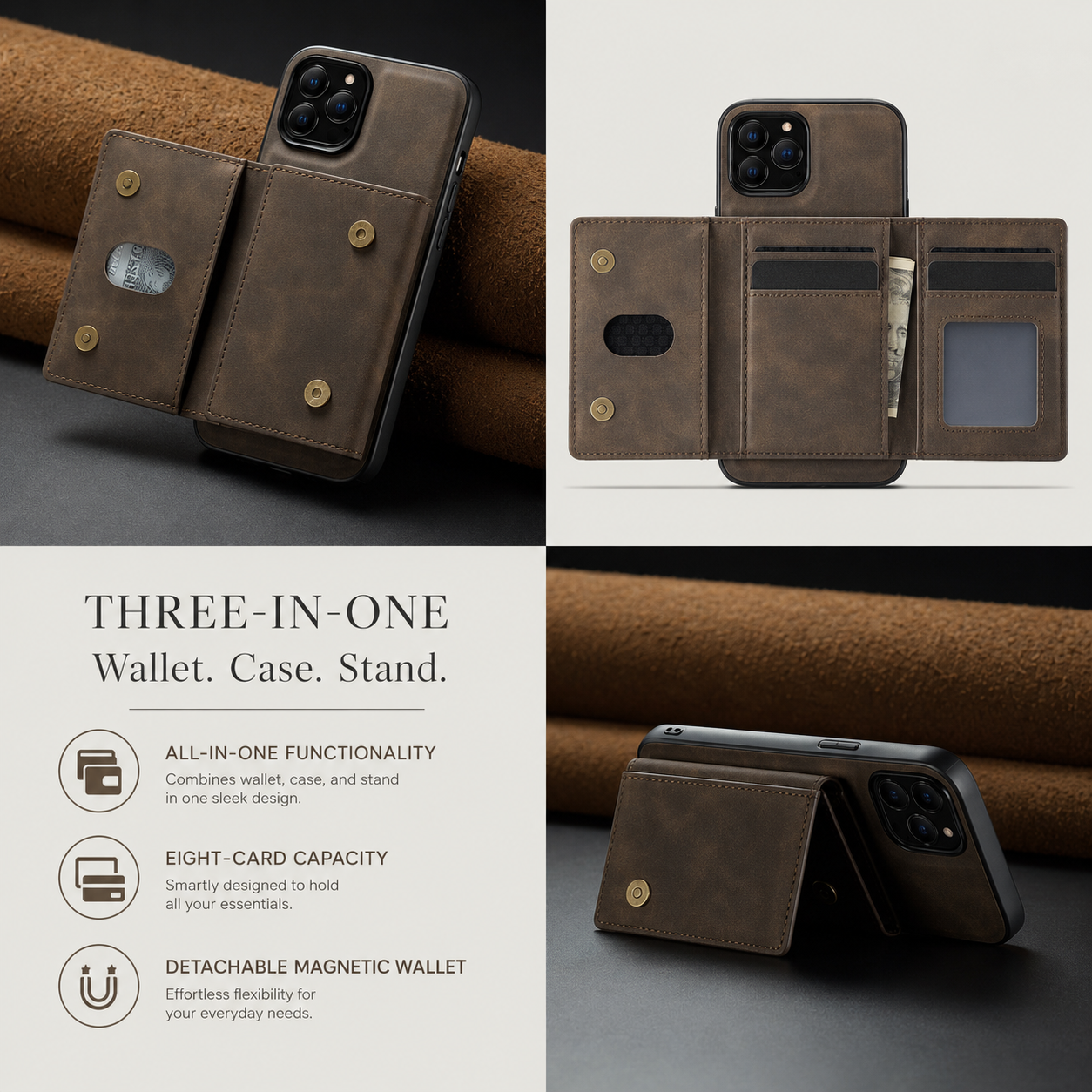Premium iPhone Case Wallet MagSafe Compatible Detachable Leather Flip Cover Card Holder Protection