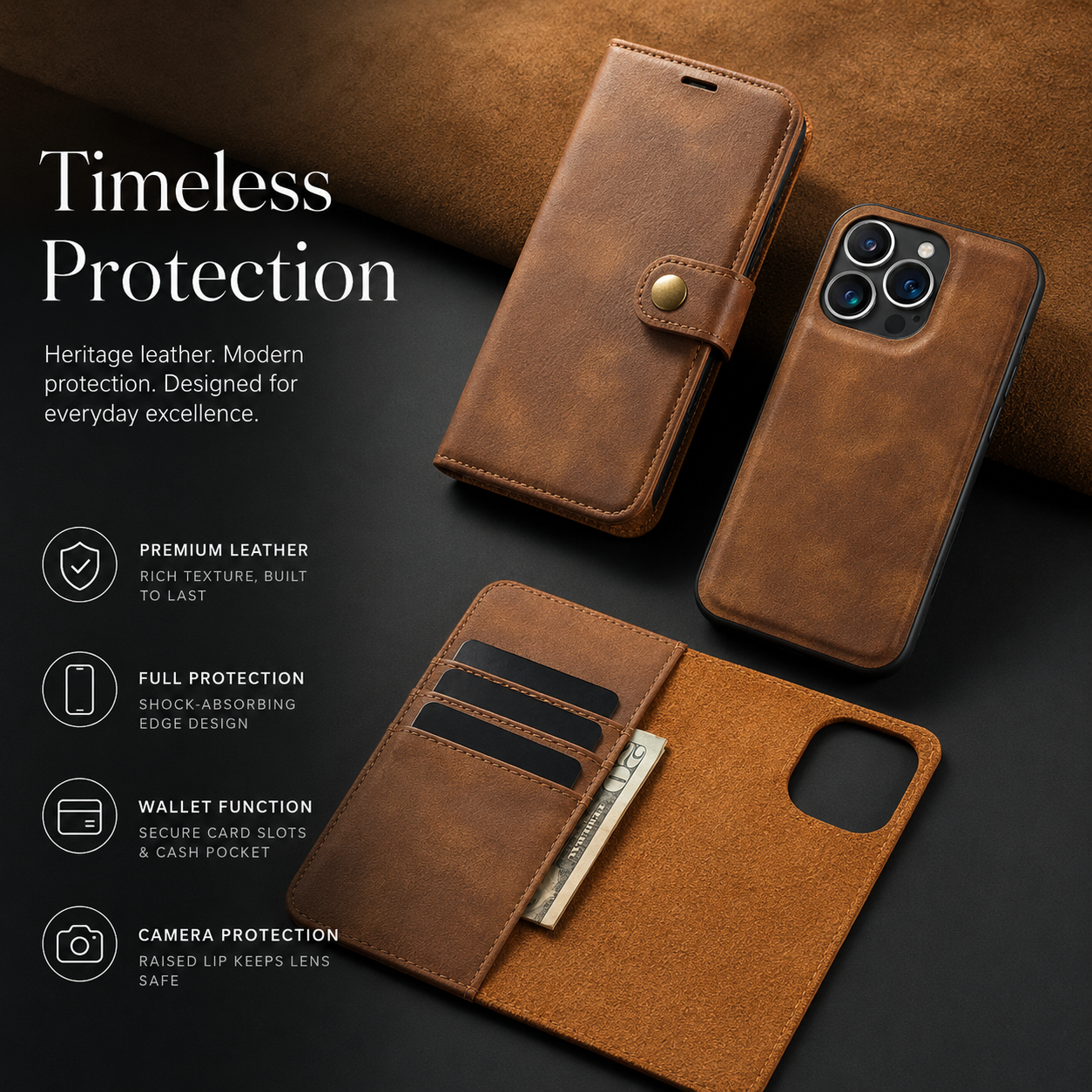 Premium iPhone Case Wallet MagSafe Compatible Detachable Magnetic Leather Cover Card Holder Protection