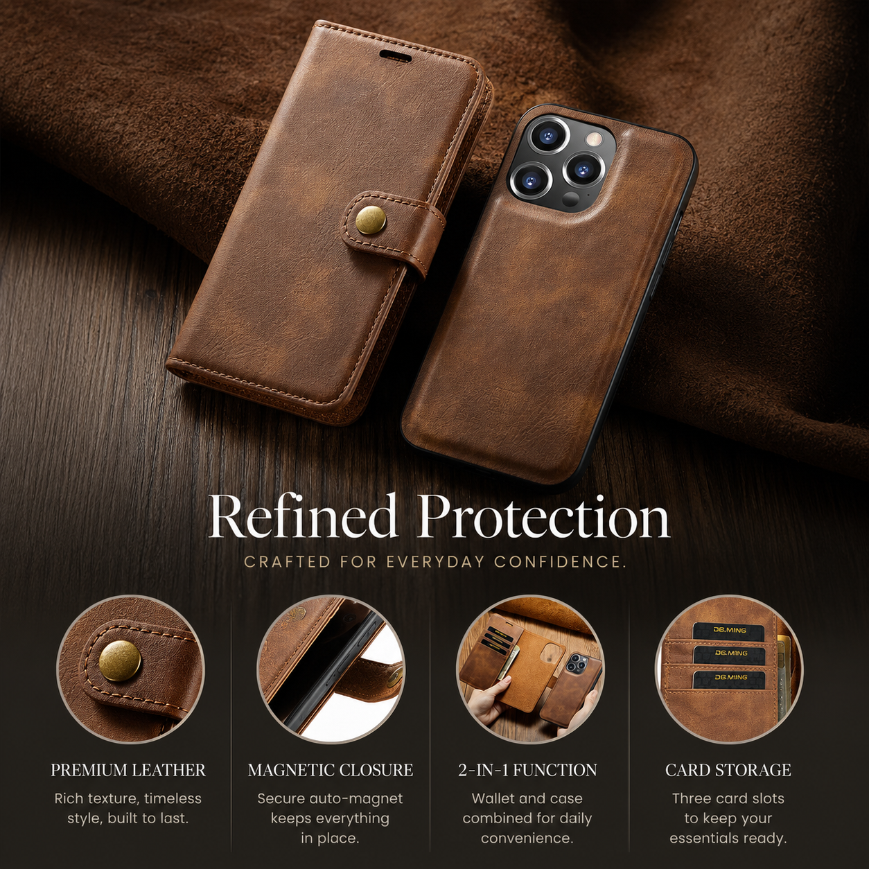 Premium iPhone Case Wallet MagSafe Compatible Detachable Magnetic Leather Cover Card Holder Protection