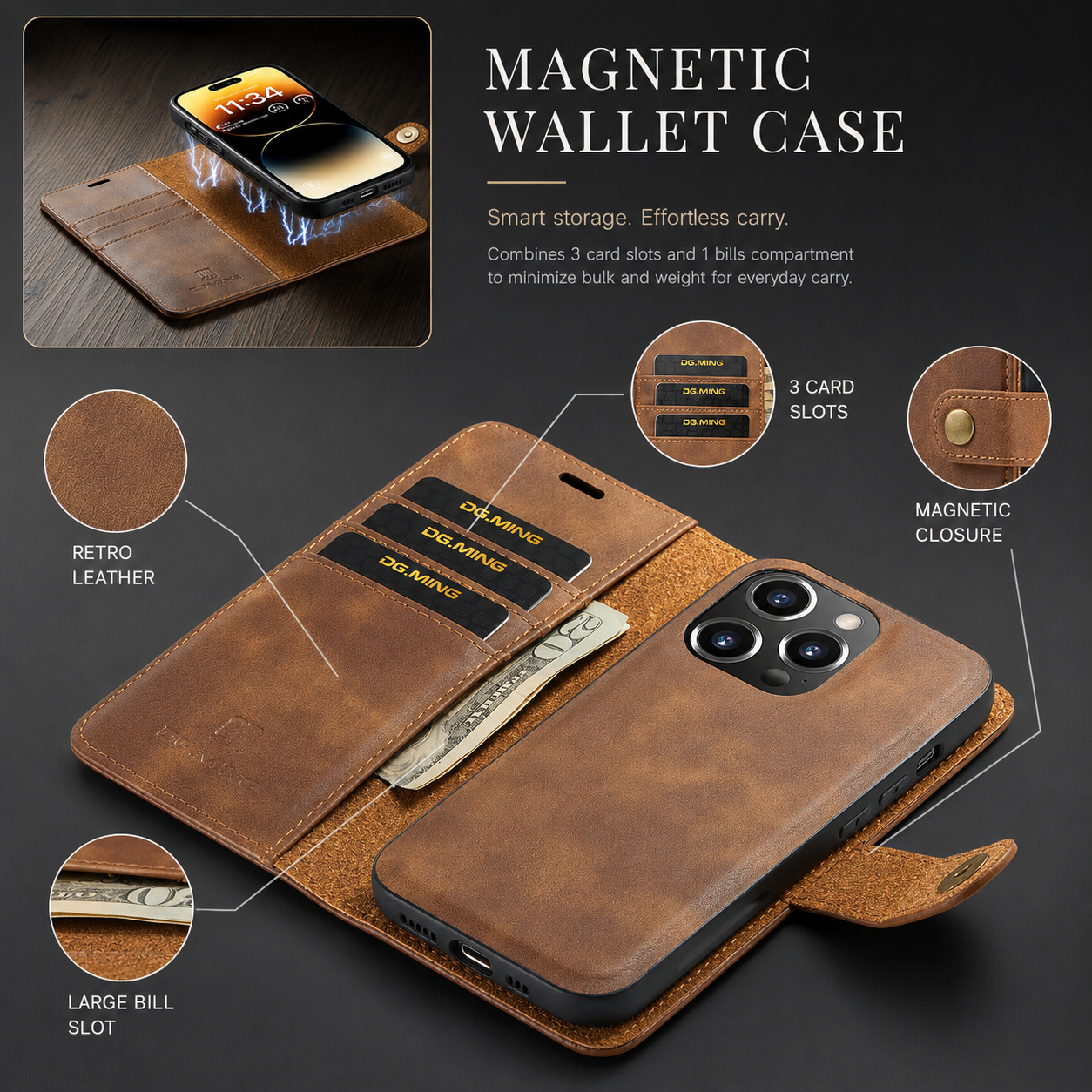 Premium iPhone Case Wallet MagSafe Compatible Detachable Magnetic Leather Cover Card Holder Protection