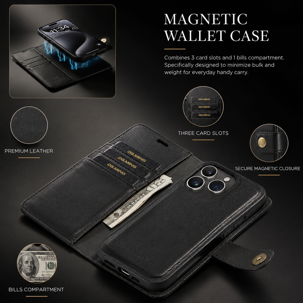 Premium iPhone Case Wallet MagSafe Compatible Detachable Magnetic Leather Cover Card Holder Protection