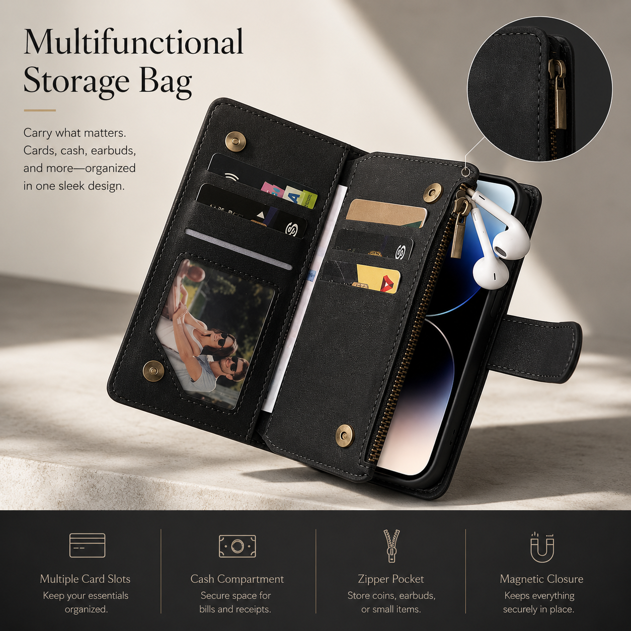 Premium iPhone Case Wallet MagSafe Compatible Leather Card Holder Cover Magnetic Closure Protection