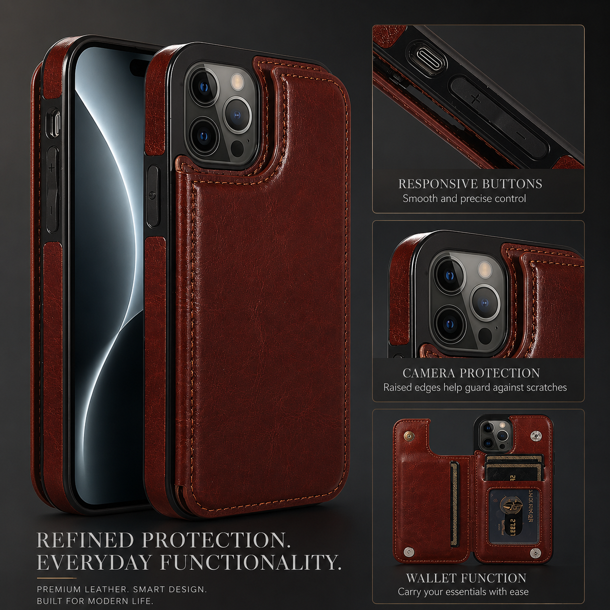 Premium iPhone Case Wallet MagSafe Compatible Leather Flip Cover RFID Card Holder Protection