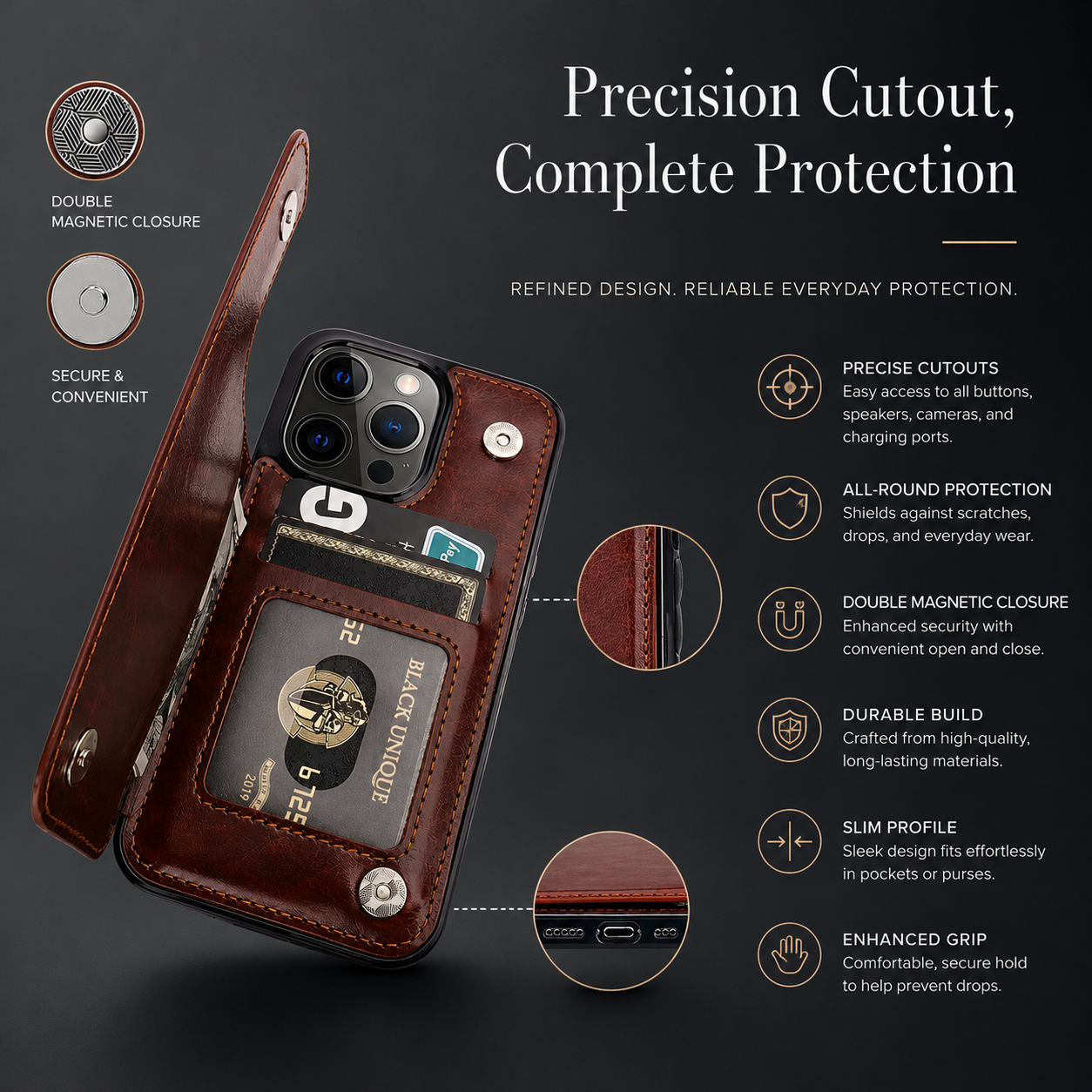 Premium iPhone Case Wallet MagSafe Compatible Leather Flip Cover RFID Card Holder Protection