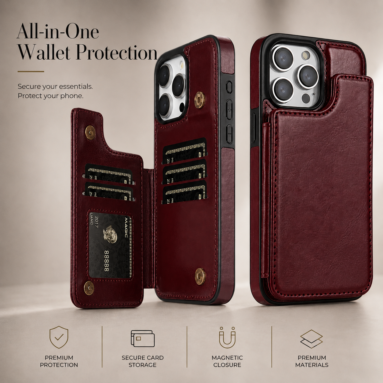 Premium iPhone Case Wallet MagSafe Compatible Leather Flip Cover RFID Card Holder Protection
